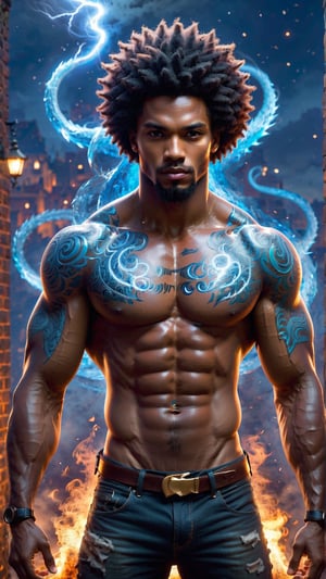 best quality, masterpiece,	(muscular afro guy, 30year old:1.5), (dark fantasy theme:1.3), (dark art:1.3), ((lightning)),((fire)),((ice)), 	((a dragon protecting a guy)),	(body covered in words, words on body:0, tattoos of (words) on body:1.4), (a fine beard:1.2),	(a curious look:1.6),	cinematic lighting, ambient lighting, sidelighting, cinematic shot,	head to thigh portrait,	shot curly dark brown hair,	beautiful and aesthetic, vibrant color, Exquisite details and textures, cold tone, ultra realistic illustration,siena natural ratio, anime style, wearing	a t-shirt and low-rise jeans,	ultra hd, realistic, vivid colors, highly detailed, UHD drawing, perfect composition, ultra hd, 8k, he has an inner glow, stunning, something that even doesn't exist, mythical being, energy, molecular, textures, iridescent and luminescent scales, breathtaking beauty, pure perfection, divine presence, unforgettable, impressive, breathtaking beauty, Volumetric light, auras, rays, vivid colors reflects.,DragonConfetti2024_XL