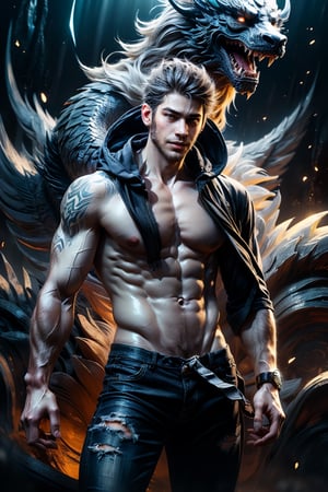 best quality, masterpiece,	(muscular European guy, 25year old:1.5),	(In the background, a black dragon protecting a guy),	(body covered in words, words on body:0, tattoos of (words) on body:1.2), (a fine beard:1.1),	(a curious look:1.4),	16K, (HDR:1.4), high contrast, bokeh:1.2, lens flare,	random angles, random poses, 	shot Wave dark gray hair, 	beautiful and aesthetic, vibrant color, Exquisite details and textures, cold tone, ultra realistic illustration,siena natural ratio, anime style,	hoodie, a black jeans, 	ultra hd, realistic, vivid colors, highly detailed, UHD drawing, perfect composition, ultra hd, 8k, he has an inner glow, stunning, something that even doesn't exist, mythical being, energy, molecular, textures, iridescent and luminescent scales, breathtaking beauty, pure perfection, divine presence, unforgettable, impressive, breathtaking beauty, Volumetric light, auras, rays, vivid colors reflects.,1man