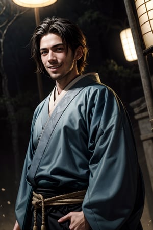 best quality, masterpiece,	(Handsome European guy, 18year old:1.5),	(ancient Japanese theme:1.4), ancient Japanese Warrior costume,	(body covered in words, words on body:0, tattoos of (words) on body:0), (a fine beard:0),	(a beautiful smile:1.3),	cinematic lighting, ambient lighting, sidelighting, cinematic shot,	random angles, random poses, 	beautiful and aesthetic, vibrant color, Exquisite details and textures, cold tone, ultra realistic illustration,siena natural ratio, anime style, 	shot curly black hair,	hoodie, a black jeans, 	ultra hd, realistic, vivid colors, highly detailed, UHD drawing, perfect composition, ultra hd, 8k, he has an inner glow, stunning, something that even doesn't exist, mythical being, energy, molecular, textures, iridescent and luminescent scales, breathtaking beauty, pure perfection, divine presence, unforgettable, impressive, breathtaking beauty, Volumetric light, auras, rays, vivid colors reflects.