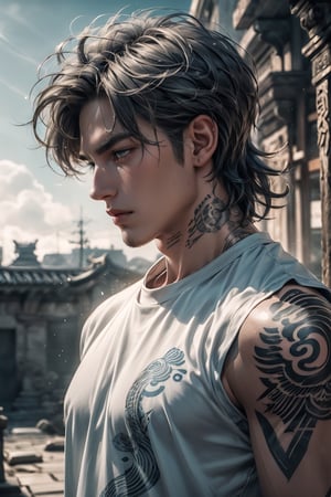 best quality, masterpiece,	(muscular Latino guy, 18year old:1.5),	(ancient Chinese theme:1.4), ancient Chinese Knight,	(body covered in words, words on body:1.2, tattoos of (words) on body:1.4), (a fine beard:1.3),	(a casual look:1.1),	16K, (HDR:1.4), high contrast, bokeh:1.2, lens flare,	head to thigh portrait,	beautiful and aesthetic, vibrant color, Exquisite details and textures, cold tone, ultra realistic illustration,siena natural ratio, anime style, 	long Wave gray hair,	wearing a white and blue T-shirt, white and blue PUMA sweatpants,	ultra hd, realistic, vivid colors, highly detailed, UHD drawing, perfect composition, ultra hd, 8k, he has an inner glow, stunning, something that even doesn't exist, mythical being, energy, molecular, textures, iridescent and luminescent scales, breathtaking beauty, pure perfection, divine presence, unforgettable, impressive, breathtaking beauty, Volumetric light, auras, rays, vivid colors reflects.