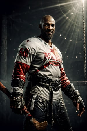 best quality, masterpiece,	(gentle African- American guy, 60year old:1.5),	(Ice Hockey theme:1.2), Ice Hockey player costume,	(body covered in words, words on body:0.5, tattoos of (words) on body:0.5), (a fine beard:0.8),	(a beautiful smile:1.3),	cinematic lighting, ambient lighting, sidelighting, cinematic shot,	turning to look at me,	beautiful and aesthetic, vibrant color, Exquisite details and textures, cold tone, ultra realistic illustration,siena natural ratio, anime style, 	shot Wave blonde hair,	a crisp white shirt, dark blue tie and a suit pants,	ultra hd, realistic, vivid colors, highly detailed, UHD drawing, perfect composition, ultra hd, 8k, he has an inner glow, stunning, something that even doesn't exist, mythical being, energy, molecular, textures, iridescent and luminescent scales, breathtaking beauty, pure perfection, divine presence, unforgettable, impressive, breathtaking beauty, Volumetric light, auras, rays, vivid colors reflects.