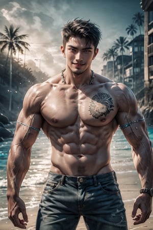 best quality, masterpiece,	(muscular asian guy, 25year old:1.5),	(Beach theme:1.4),	(body covered in words, words on body:0, tattoos of (words) on body:0), (a fine beard:0),	(a beautiful smile:1.1),	cinematic lighting, ambient lighting, sidelighting, cinematic shot,	head to thigh portrait,	beautiful and aesthetic, vibrant color, Exquisite details and textures, cold tone, ultra realistic illustration,siena natural ratio, anime style, 	a very short brown hairstyle,	a t-shirt, low-rise jeans,	ultra hd, realistic, vivid colors, highly detailed, UHD drawing, perfect composition, ultra hd, 8k, he has an inner glow, stunning, something that even doesn't exist, mythical being, energy, molecular, textures, iridescent and luminescent scales, breathtaking beauty, pure perfection, divine presence, unforgettable, impressive, breathtaking beauty, Volumetric light, auras, rays, vivid colors reflects.