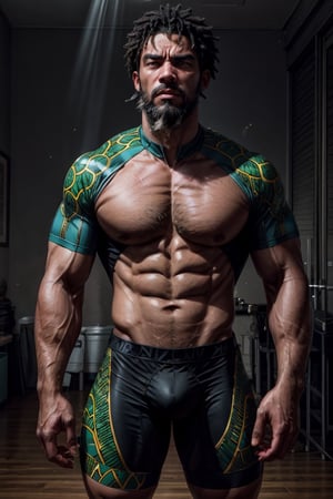 best quality, masterpiece,	(Handsome African- American guy, 45year old:1.5),	(cycle theme:1.4), cycle costume,	(body covered in words, words on body:0, tattoos of (words) on body:0), (a fine beard:1.3),	(a angry look:1.2),	cinematic lighting, ambient lighting, sidelighting, cinematic shot,	head to toe,	beautiful and aesthetic, vibrant color, Exquisite details and textures, cold tone, ultra realistic illustration,siena natural ratio, anime style, 	shot Wave red hair,	ultra hd, realistic, vivid colors, highly detailed, UHD drawing, perfect composition, ultra hd, 8k, he has an inner glow, stunning, something that even doesn't exist, mythical being, energy, molecular, textures, iridescent and luminescent scales, breathtaking beauty, pure perfection, divine presence, unforgettable, impressive, breathtaking beauty, Volumetric light, auras, rays, vivid colors reflects.
