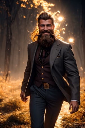 best quality, masterpiece,	(Handsome European guy, 45year old:1.5),	(Running theme:1.4),	(body covered in words, words on body:0, tattoos of (words) on body:0), (a fine beard:1.3),	(a smile on one's face:1.2),	16K, (HDR:1.4), high contrast, bokeh:1.2, lens flare,	head to thigh portrait,	long Wave blonde hair,	beautiful and aesthetic, vibrant color, Exquisite details and textures, cold tone, ultra realistic illustration,siena natural ratio, anime style, Gold Dragon Printing,	a Dark brown wool coat,	ultra hd, realistic, vivid colors, highly detailed, UHD drawing, perfect composition, ultra hd, 8k, he has an inner glow, stunning, something that even doesn't exist, mythical being, energy, molecular, textures, iridescent and luminescent scales, breathtaking beauty, pure perfection, divine presence, unforgettable, impressive, breathtaking beauty, Volumetric light, auras, rays, vivid colors reflects.