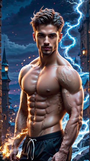 best quality, masterpiece,	(muscular European guy, 20year old:1.5), (dark fantasy theme:1.3), (dark art:1.3), ((lightning)),((fire)),((ice)), (In the background, a white dragon protecting a guy)),	(body covered in words, words on body:0, tattoos of (words) on body:1.4), (a fine beard:1.3),	(a curious look:1.6),	cinematic lighting, ambient lighting, sidelighting, cinematic shot,	head to thigh portrait,	shot curly dark brown hair,	beautiful and aesthetic, vibrant color, Exquisite details and textures, cold tone, ultra realistic illustration,siena natural ratio, anime style, wearing a black T-shirt, black Adidas sweatpants, 	ultra hd, realistic, vivid colors, highly detailed, UHD drawing, perfect composition, ultra hd, 8k, he has an inner glow, stunning, something that even doesn't exist, mythical being, energy, molecular, textures, iridescent and luminescent scales, breathtaking beauty, pure perfection, divine presence, unforgettable, impressive, breathtaking beauty, Volumetric light, auras, rays, vivid colors reflects.,DragonConfetti2024_XL