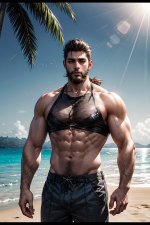 best quality, masterpiece,	(muscular Latino guy, 32year old:1.5),	(Beach theme:1.4),	(body covered in words, words on body:0, tattoos of (words) on body:0), (a fine beard:1.3),	(a model look:1.1),	a muscular body, 16K, (HDR:1.4), high contrast, bokeh:1.2, lens flare,	half body view,	beautiful and aesthetic, vibrant color, Exquisite details and textures, cold tone, ultra realistic illustration,siena natural ratio, anime style, 	Skinhead style, a fine Mustache,	ultra hd, realistic, vivid colors, highly detailed, UHD drawing, perfect composition, ultra hd, 8k, he has an inner glow, Broken Glass effect, stunning, something that even doesn't exist, mythical being, energy, molecular, textures, iridescent and luminescent scales, breathtaking beauty, pure perfection, divine presence, unforgettable, impressive, breathtaking beauty, Volumetric light, auras, rays, vivid colors reflects.