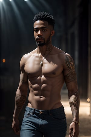 best quality, masterpiece,	(Handsome African- American guy, 28year old:1.5),	(Party theme:1.4), Dancing star costume,	(body covered in words, words on body:1.1, tattoos of (words) on body:1.3), (a fine beard:1.0),	(a Cruel look:1.4),	16K, (HDR:1.4), high contrast, bokeh:1.2, lens flare,	half body view,	beautiful and aesthetic, vibrant color, Exquisite details and textures, cold tone, ultra realistic illustration,siena natural ratio, anime style, 	a very short black hairstyle,	a t-shirt, low-rise jeans,	ultra hd, realistic, vivid colors, highly detailed, UHD drawing, perfect composition, ultra hd, 8k, he has an inner glow, stunning, something that even doesn't exist, mythical being, energy, molecular, textures, iridescent and luminescent scales, breathtaking beauty, pure perfection, divine presence, unforgettable, impressive, breathtaking beauty, Volumetric light, auras, rays, vivid colors reflects.