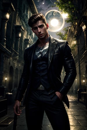 best quality, masterpiece,	(Handsome Latino guy, 24year old:1.5),	(moonlight theme:1.4), Assassin costume,	(body covered in words, words on body:0, tattoos of (words) on body:0), (a fine beard:0),	(a model look:1.1),	16K, (HDR:1.4), high contrast, bokeh:1.2, lens flare,	head to thigh portrait,	beautiful and aesthetic, vibrant color, Exquisite details and textures, cold tone, ultra realistic illustration,siena natural ratio, anime style, 	Straight blonde hair,	wearing black suit with dark blue tie,	ultra hd, realistic, vivid colors, highly detailed, UHD drawing, perfect composition, ultra hd, 8k, he has an inner glow, stunning, something that even doesn't exist, mythical being, energy, molecular, textures, iridescent and luminescent scales, breathtaking beauty, pure perfection, divine presence, unforgettable, impressive, breathtaking beauty, Volumetric light, auras, rays, vivid colors reflects.