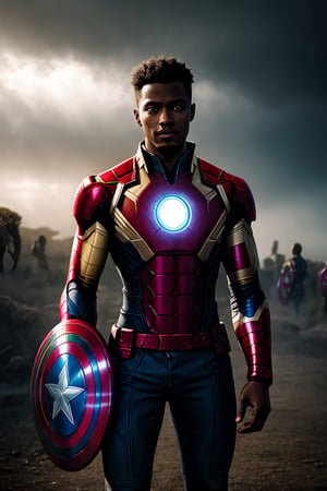 best quality, masterpiece,	(Handsome African- American guy, 24year old:1.5),	(Marvel theme:1.4), Iron Man costume,	(body covered in words, words on body:0, tattoos of (words) on body:0), (a fine beard:0),	(a beautiful smile:1.1),	cinematic lighting, ambient lighting, sidelighting, cinematic shot,	head to toe,	beautiful and aesthetic, vibrant color, Exquisite details and textures, cold tone, ultra realistic illustration,siena natural ratio, anime style, 	Straight blonde hair,	a shirt, low-rise jeans,	ultra hd, realistic, vivid colors, highly detailed, UHD drawing, perfect composition, ultra hd, 8k, he has an inner glow, stunning, something that even doesn't exist, mythical being, energy, molecular, textures, iridescent and luminescent scales, breathtaking beauty, pure perfection, divine presence, unforgettable, impressive, breathtaking beauty, Volumetric light, auras, rays, vivid colors reflects.