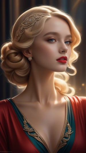 best quality, masterpiece,
A modern interpretation of Art Nouveau with a veil and a red velvet dress, inspired by the elegance of a 1930s Hollywood star, featuring a beautiful Swedish girl with blonde bun hair, capturing the glamorous essence of 1930s hairstyles and fashion.
ultra realistic illustration, siena natural ratio, ultra hd, realistic, vivid colors, highly detailed, UHD drawing, perfect composition, ultra hd, 8k, he has an inner glow, stunning, something that even doesn't exist, mythical being, energy, molecular, textures, iridescent and luminescent scales, breathtaking beauty, pure perfection, divine presence, unforgettable, impressive, breathtaking beauty, Volumetric light, auras, rays, vivid colors reflects.,