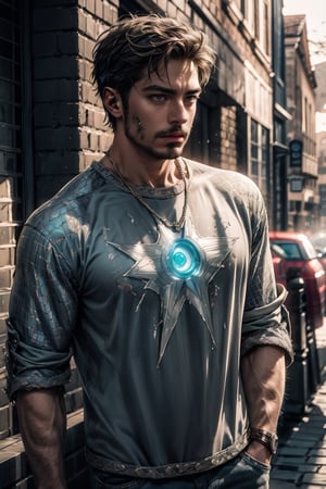 best quality, masterpiece,	(muscular European guy, 45year old:1.5),	(Marvel theme:1.4), Iron Man costume,	(body covered in words, words on body:0, tattoos of (words) on body:0), (a fine beard:0),	(a casual look:1.8),	16K, (HDR:1.4), high contrast, bokeh:1.2, lens flare,	low angle view,	beautiful and aesthetic, vibrant color, Exquisite details and textures, cold tone, ultra realistic illustration,siena natural ratio, anime style, 	shot curly black hair,	ultra hd, realistic, vivid colors, highly detailed, UHD drawing, perfect composition, ultra hd, 8k, he has an inner glow, stunning, something that even doesn't exist, mythical being, energy, molecular, textures, iridescent and luminescent scales, breathtaking beauty, pure perfection, divine presence, unforgettable, impressive, breathtaking beauty, Volumetric light, auras, rays, vivid colors reflects.