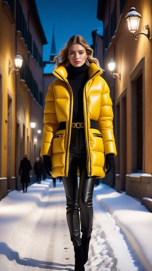 best quality, masterpiece.	With a nod to the opulence of Rococo, a beautiful Swedish model captivates in a bold yellow winter puffer jacket contrasted with classic black leather pants, a fusion of luxury and sophistication.	Her ensemble is elevated with tasteful fashion accessories, casting her in the light of a glamorous Hollywood star while still honoring the noble essence of her profession, proving that grace and functionality can coalesce into a striking display of modern elegance.	ultra realistic illustration,siena natural ratio, by Ai Pic 3D,	cinematic lighting, ambient lighting, sidelighting, cinematic shot,	Full length view,	A beautiful 18-year-old girl walking down an winter street, snow, Night view, Western, tomboy