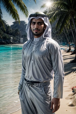 best quality, masterpiece,	(Handsome Arab guy, 18year old:1.5),	(Beach theme:1.4),	(body covered in words, words on body:0, tattoos of (words) on body:0), (a fine beard:0.5),	(a beautiful smile:1.1),	16K, (HDR:1.4), high contrast, bokeh:1.2, lens flare,	head to toe,	beautiful and aesthetic, vibrant color, Exquisite details and textures, cold tone, ultra realistic illustration,siena natural ratio, anime style, 	shot curly brown hair, 	wearing a white T-shirt, white Adidas sweatpants, 	ultra hd, realistic, vivid colors, highly detailed, UHD drawing, perfect composition, ultra hd, 8k, he has an inner glow, stunning, something that even doesn't exist, mythical being, energy, molecular, textures, iridescent and luminescent scales, breathtaking beauty, pure perfection, divine presence, unforgettable, impressive, breathtaking beauty, Volumetric light, auras, rays, vivid colors reflects.