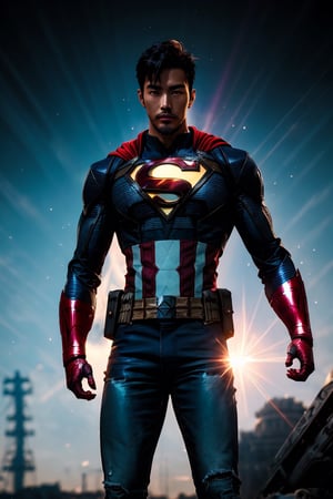 best quality, masterpiece,	(Handsome asian guy, 18year old:1.5),	(Marvel theme:1.4), Superman costume,	(body covered in words, words on body:0, tattoos of (words) on body:0), (a fine beard:1.0),	(a chic look:1.2),	16K, (HDR:1.4), high contrast, bokeh:1.2, lens flare,	random angles, random poses, 	beautiful and aesthetic, vibrant color, Exquisite details and textures, cold tone, ultra realistic illustration,siena natural ratio, anime style, 	curly blonde hair,	black jacket, a Beanie, shirt, half ripped jeans,	ultra hd, realistic, vivid colors, highly detailed, UHD drawing, perfect composition, ultra hd, 8k, he has an inner glow, stunning, something that even doesn't exist, mythical being, energy, molecular, textures, iridescent and luminescent scales, breathtaking beauty, pure perfection, divine presence, unforgettable, impressive, breathtaking beauty, Volumetric light, auras, rays, vivid colors reflects.