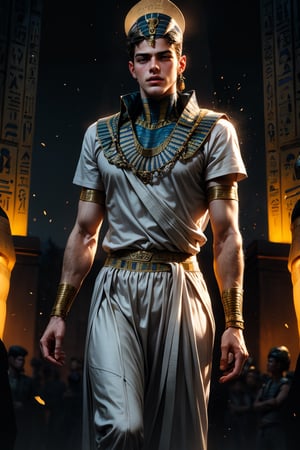 best quality, masterpiece,	(Handsome European guy, 24year old:1.5),	(Ancient Egypt theme:1.4), Warrior costume,	(body covered in words, words on body:0, tattoos of (words) on body:0), (a fine beard:0.5),	(a curious look:1.2),	cinematic lighting, ambient lighting, sidelighting, cinematic shot,	Full length view,	beautiful and aesthetic, vibrant color, Exquisite details and textures, cold tone, ultra realistic illustration,siena natural ratio, anime style, 	Short Blunt Cut Bob haircut,	wearing a white and blue T-shirt, white and blue PUMA sweatpants,	ultra hd, realistic, vivid colors, highly detailed, UHD drawing, perfect composition, ultra hd, 8k, he has an inner glow, stunning, something that even doesn't exist, mythical being, energy, molecular, textures, iridescent and luminescent scales, breathtaking beauty, pure perfection, divine presence, unforgettable, impressive, breathtaking beauty, Volumetric light, auras, rays, vivid colors reflects.