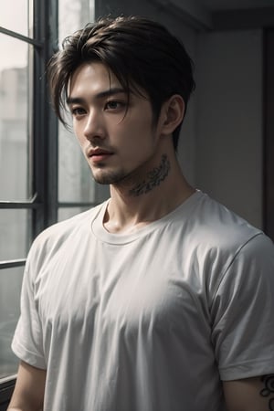best quality, masterpiece,	(Handsome asian guy, 32year old:1.5),	(Cute Cafe theme:1.2),	(body covered in words, words on body:0, tattoos of (words) on body:1), (a fine beard:1.3),	(a Cruel look:1.4),	cinematic lighting, ambient lighting, sidelighting, cinematic shot,	head to toe,	beautiful and aesthetic, vibrant color, Exquisite details and textures, cold tone, ultra realistic illustration,siena natural ratio, anime style, 	shot Wave dark gray hair, 	wearing a white T-shirt, white Adidas sweatpants, 	ultra hd, realistic, vivid colors, highly detailed, UHD drawing, perfect composition, ultra hd, 8k, he has an inner glow, stunning, something that even doesn't exist, mythical being, energy, molecular, textures, iridescent and luminescent scales, breathtaking beauty, pure perfection, divine presence, unforgettable, impressive, breathtaking beauty, Volumetric light, auras, rays, vivid colors reflects.