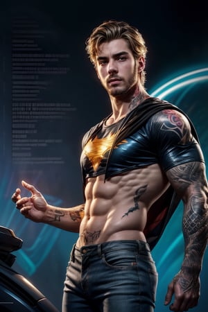 best quality, masterpiece,	(muscular European guy, 25year old:1.5),	(Marvel theme:1.4), Batman costume,	(body covered in words, words on body:1.4, tattoos of (words) on body:1.6), (a fine beard:0.9),	(a casual look:1.1),	cinematic lighting, ambient lighting, sidelighting, cinematic shot,	low angle view,	beautiful and aesthetic, vibrant color, Exquisite details and textures, cold tone, ultra realistic illustration,siena natural ratio, anime style, 	Straight blonde hair,	a t-shirt, low-rise jeans,	ultra hd, realistic, vivid colors, highly detailed, UHD drawing, perfect composition, ultra hd, 8k, he has an inner glow, stunning, something that even doesn't exist, mythical being, energy, molecular, textures, iridescent and luminescent scales, breathtaking beauty, pure perfection, divine presence, unforgettable, impressive, breathtaking beauty, Volumetric light, auras, rays, vivid colors reflects.