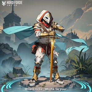 solo, gloves, 1boy, weapon, male focus, sword, hood, scarf, armor, mask, grass, sheath