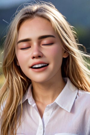1girl, long hair, open mouth, blonde hair, shirt, closed eyes, white shirt, upper body, teeth, solo focus, collared shirt, blurry, lips, blurry background, upper teeth only, realistic,face