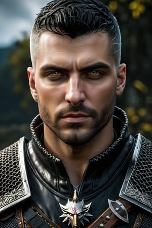 Handsome male with short black hair with undercut hairstyle as the witcher from witcher 3, 4k resolution, intricately detailed, cinematic, detailed symmetric eyes, yellow eyes, two swords, intricate details, beautiful detailed intricate face, ominous, approaching perfection, highly detailed, smooth, sharp focus, perfect composition, hyperdetailed, ISO 200, DLSR, dynamic, light studio, vibrant, Mfxl, wide shot,