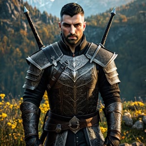 Handsome male with short black hair and undercut hairstyle as the witcher from witcher 3, fighting monsters, enlightenment, 4k resolution, intricately detailed, cinematic, detailed symmetric eyes, yellow eyes, two swords, intricate details, beautiful detailed intricate face, ominous, approaching perfection, highly detailed, smooth, sharp focus, perfect composition, hyperdetailed, ISO 200, DLSR, dynamic, light studio, vibrant, Mfxl, wide shot,