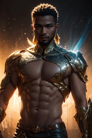 best quality, masterpiece,	(Handsome African- American guy, 24year old:1.5),	(fantasy theme:1.4), male strong Warrior ,(a fine beard:0),	(a Cruel look:1.2),	a male muscular body, 16K, (HDR:1.4), high contrast, bokeh:1.2, lens flare,	head to thigh portrait,	beautiful and aesthetic, vibrant color, Exquisite details and textures, cold tone, ultra realistic illustration,siena natural ratio, anime style, 	Straight blonde hair,	ultra hd, realistic, vivid colors, highly detailed, UHD drawing, perfect composition, ultra hd, 8k, he has an inner glow, stunning, something that even doesn't exist, mythical being, energy, molecular, textures, iridescent and luminescent scales, breathtaking beauty, pure perfection, divine presence, unforgettable, impressive, breathtaking beauty, Volumetric light, auras, rays, vivid colors reflects.,Pectoral Focus