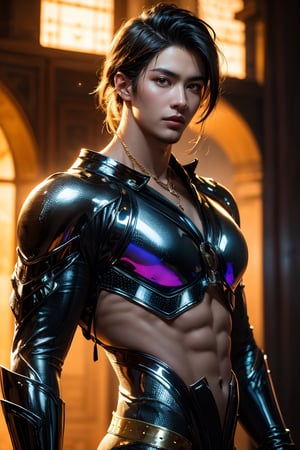 best quality, masterpiece,	(Handsome African-asian- American guy, 24year old:1.5),	(fantasy theme:1.4), Warrior costume,	 (a fine beard:0),	(a Cruel look:1.2),	a muscular male  body, 16K, (HDR:1.4), high contrast, bokeh:1.2, lens flare,	head to thigh portrait,	beautiful and aesthetic, vibrant color, Exquisite details and textures, cold tone, ultra realistic illustration,siena natural ratio, anime style, 	Straight blonde hair,	ultra hd, realistic, vivid colors, highly detailed, UHD drawing, perfect composition, ultra hd, 8k, he has an inner glow, stunning, mythical being, energy, molecular, textures, iridescent and luminescent scales, breathtaking male beauty, pure perfection, divine male  presence, unforgettable, impressive, breathtaking male beauty, Volumetric light, auras, rays, vivid colors reflects.,Pectoral Focus