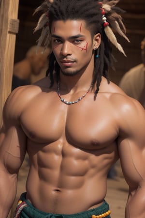 African Village with muscular handsome African male natives with hair paint and beads