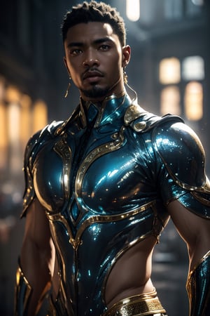 best quality, masterpiece,	(Handsome African- American guy, 24year old:1.5),	(fantasy theme:1.4), male strong Warrior ,(a fine beard:0),	(a Cruel look:1.2),	a male muscular body, 16K, (HDR:1.4), high contrast, bokeh:1.2, lens flare,	head to thigh portrait,	beautiful and aesthetic, vibrant color, Exquisite details and textures, cold tone, ultra realistic illustration,siena natural ratio, anime style, 	Straight blonde hair,	ultra hd, realistic, vivid colors, highly detailed, UHD drawing, perfect composition, ultra hd, 8k, he has an inner glow, stunning, something that even doesn't exist, mythical being, energy, molecular, textures, iridescent and luminescent scales, breathtaking beauty, pure perfection, divine presence, unforgettable, impressive, breathtaking beauty, Volumetric light, auras, rays, vivid colors reflects.,Pectoral Focus