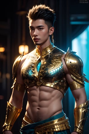 best quality, masterpiece,	(Handsome African-asian- American guy, 24year old:1.5),	(fantasy theme:1.4), Warrior costume,	 (a fine beard:0),	(a Cruel look:1.2),	a muscular male  body, 16K, (HDR:1.4), high contrast, bokeh:1.2, lens flare,	head to thigh portrait,	beautiful and aesthetic, vibrant color, Exquisite details and textures, cold tone, ultra realistic illustration,siena natural ratio, anime style, 	Straight blonde hair,	ultra hd, realistic, vivid colors, highly detailed, UHD drawing, perfect composition, ultra hd, 8k, he has an inner glow, stunning, mythical being, energy, molecular, textures, iridescent and luminescent scales, breathtaking beauty, pure perfection, divine presence, unforgettable, impressive, breathtaking beauty, Volumetric light, auras, rays, vivid colors reflects.,Pectoral Focus