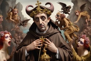 the temptations of (((Saint Anthony))),  with some beautiful and sensual demon-girls around him - Tim Burton's style - colorful, ultra high quality, sharp focus, focused, high focus, very sharp, high definition, extremely detailed, hyperrealistic, intricate, fantastic view, very attractive, fantasy, imperial colors,aw0k euphoric style