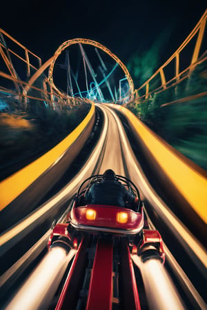 POV, night, lights, wild roller coaster ride, motion blur, going fast, speed is everything, adrenaline rush