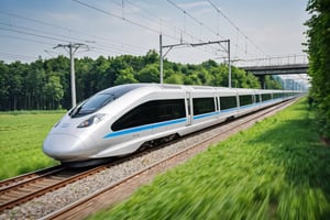 photo of a high-speed train, maglev, modern, in motion, motion blur, very fast, beautiful landscape with greenery