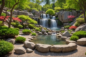 photo of a tranquil zen garden, calming scenery, trees, waterfall, flowers, rocks, spring, realistic, photorealistic, HDR, cinematic film still. no humans