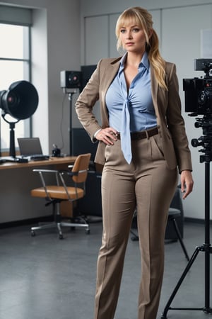 volumetric lighting, woman, milf, sensual, beautiful, curvy, voluptuous, blonde hair, fringe bangs, long hair, ponytail, office lady, shirt, tie, jacket, pants, format suit, wide hips, office, (shooting of a movie scene), film, large movie camera, crew, director, chair, realistic, photorealistic, HDR