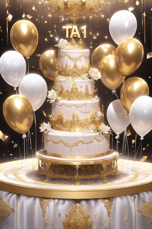 A masterpiece of a cake takes center stage on a velvet-draped table. The best quality confection stands tall, a majestic multi-tiered masterpiece adorned with delicate edible gold filigree and gleaming white fondant. Confetti swirls around it like a celebratory mist, while balloons in shimmering metallic hues add an air of glamour to the scene. As the camera zooms in, the text "TA1" is emblazoned across the cake's surface in bold, glittering letters.