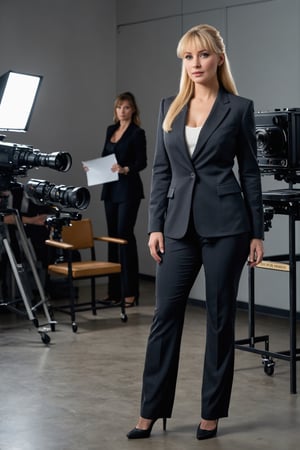 volumetric lighting, woman, milf, sensual, beautiful, curvy, voluptuous, blonde hair, fringe bangs, long hair, ponytail, office lady, format suit, jacket, pants, black shirt, wide hips, office, (shooting of a movie scene), film, large movie camera, crew, director, chair, clapboard on the floor, realistic, photorealistic, HDR