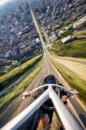 POV, para-glider, in the air, motion blur, going fast, speed is everything, adrenaline rush, ground is far away, small city down below
