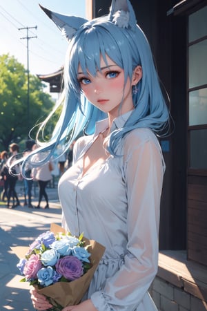 high quality, 8K Ultra HD, high detailed, masterpiece, A digital illustration of anime style, soft anime tones, Detailed illustration of many colorful very detailed, beautiful girl ,wearing a white shirt (light blue eyes, light blue hair, long hair, with bangs, blue fox ears, white shirt, medium, medium size breasts)(cinematic, colorful), (extremely detailed) expression of surprise, blushing, with a bouquet of flowers in hand, in a park, three dimensional effect, enhanced beauty, Albert Anker, Kyoto Animation, Greg Rutkowski, Artgerm, WLOP, Alphonse Beeple, luminism, 3d render, octane render, Isometric, awesome full color,wlop,Wlop,masterpiece,best quality,fox,blush