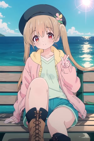 brown hat, smiling brightly. Looking front. Wearing fluffy pale pink jacket with hat outside and green-white striped shirt inside; wearing light blue shorts and dark red colored boots, with short white socks. Sitting on bench, one hand raised up and giving V-sign, other hand lying on bench. Background with sea and sunshine,koharu minagi (slow loop), long hair with twin tails, best quality, red eyes, deep brown-yellow hair, pigeon-toed, high colour saturation.