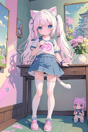 cute fluffy style anime realm, detailed, young, (loli:1.6), jk, kawaii, (white hair:1.3), long hair, (straight hair:1.3), (twintail:1.4), round face, white fluffy T-shirt, (short denim skirt:1.4), (shows whole body:1.5), cat ears, bangs, cat tail, shy, embarrassed, introvert, (deep blue eyes:1.5), (white compression stockings:1.5), (white sports shoes:1.5), pigeon-toed, slim legs, (short legs:1.8), super detailed, background of bedroom, with writing table, pillow, many stuffed toys, pillow, lying on her stomach, legs slightly bent, colourful and detailed background with flower patterns, light colour background, Better clothing, detailed clothing, perfect clothes,(best quality, masterpiece:2.0), japan anime style, midjourney, cuteloli, 1GIRL, (pink watch on left hand:1.5)