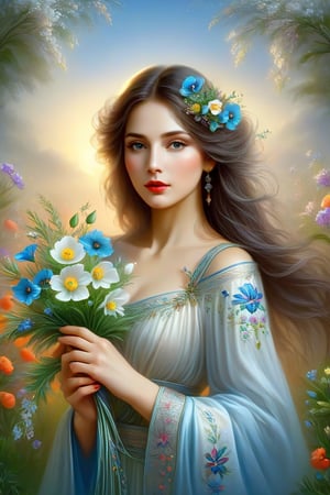 Painting of a Slavic woman holding flowers in her hand., Beautiful gorgeous digital art, Beautiful digital art, Painting of a beautiful, elegant digital painting, Beautiful digital artwork, with flowers, beautiful woman, gorgeous digital art, very beautiful digital art, glossy digital painting, Beautiful digital painting, digital art photography, Beautiful!!! digital art, digital art of elegance, Beautiful art, goddess of flowers, Poppy Face