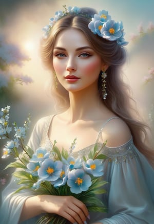 Painting of a Slavic woman holding soft pink cherry blossom flowers in her hand., slight smile on her face, Beautiful gorgeous digital art, Beautiful digital art, Painting of a beautiful, elegant digital painting, Beautiful digital artwork, with flowers, beautiful woman, gorgeous digital art, very beautiful digital art, glossy digital painting, beautiful digital painting, digital art photography, beautiful!!! digital art, elegance of digital art, beautiful art, goddess of flowers, spring, sakura,DonMM4g1cXL,DonMB4nsh33XL ,glitter,Face makeup,Glossy finish