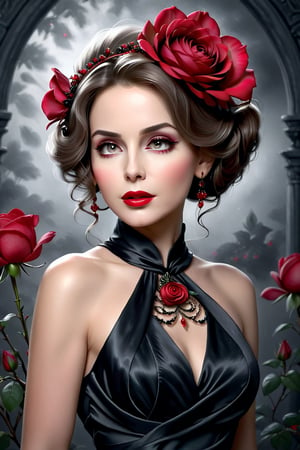 beautiful woman 50 years old, a large red rose in her hair, wearing a black elegant thin silk dress, the background behind her is light gray to dark black, beautiful gorgeous digital art, beautiful girl, beautiful painting, beautiful fantasy girl, beautiful fantasy portrait, beautiful digital art , beautiful fantasy portrait, red decorations, black and red colors, beautiful dark spring princess, she is the queen of red roses, Very beautiful portrait