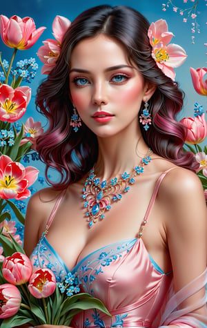 portrait of a 50-year-old woman in a transparent soft pink dress with blue and white trim with a necklace and earrings, dark hair, very detailed eyes, expressive lips, beautiful raised breasts, correct anatomy, holding in front of her ((a bouquet of large pink-red tulips and blue forget-me-nots: 1.25)), behind her is a beautiful delicate background, elegant digital painting, Victorian lady, fantasy Victorian art, stunning digital illustration, elegant digital painting, gorgeous woman, gorgeous beautiful woman, spring mood, beautiful flowers, beautiful digital images, very beautiful woman, exquisite digital illustration, elegant yellow skin, beautiful woman, beautiful flowers pink, red, blue, beautiful illustrations, princess portrait, elegant portrait, Victorian style woman portrait, elegant woman, Lookwater style, more detailed XL size, face makeup , glossy finish