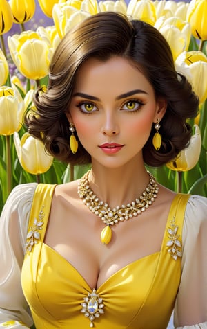 Portrait of a 50 year old woman in a yellow dress with necklace and earrings, dark hair, very detailed eyes, expressive lips, ((bouquet of large yellow and white tulips: 1.25)) pressed to her chest, elegant digital painting, Victorian lady, fantasy Victorian art , stunning digital illustration, elegant digital painting, gorgeous woman, gorgeous beautiful woman, spring mood, beautiful flowers, beautiful digital images, very beautiful woman, exquisite digital illustration, elegant yellow skin, beautiful woman, beautiful flowers, beautiful illustrations, princess portrait, Elegant Portrait, Victorian Woman Portrait, Elegant Woman, Lookwater Style, More Detailed XL Size, Face Makeup, Glossy Finish,Face makeup