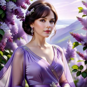 Sunlight. Painting of a woman 50 years old from the waist, beautiful brunette in a purple dress with sleeves, deep neckline, clear, detailed eyes, ((short lush hair)), (light bangs cover the forehead), lilac earrings in the ears, looking straight at the camera half-turned, surrounded by lilac flowers, beautiful digital art, beautiful digital artwork, beautiful magnificent digital art, art, photography of beautiful, magnificent digital art, very beautiful digital art, magnificent digital painting, beautiful fantasy portrait, beautiful painting, digital art photography, lilac, beautiful artwork, beautiful portrait image