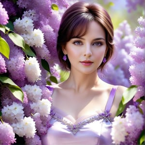 Sunlight. Painting of a woman 50 years old from the waist, beautiful brunette in purple ((dress with sleeves)), deep neckline, clear, detailed eyes, ((short voluminous hair)), (light bangs cover the forehead), lilac earrings in the ears, looking straight at the camera half-turned, surrounded by lilac flowers, beautiful digital art, beautiful digital artwork, beautiful magnificent digital art, art, photography of beautiful, magnificent digital art, very beautiful digital art, magnificent digital painting, beautiful fantasy portrait, beautiful painting, digital art photography, lilac, beautiful artwork, beautiful portrait image,more detail XL,DonMM4g1cXL