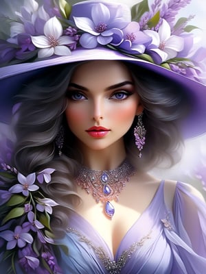Close-up of a waist-length woman in a lilac blue chiffon dress with a deep neckline, a beautiful necklace around her neck, an elbow-length dress and a hat with flowers, large expressive eyes, black eyelashes, beautiful anatomy, flower storm portrait, fiery digital painting, woman in flowers , digital painting style, Stylized Beauty Portrait, Sultry Digital Painting, Stunning Digital Painting, Portrait Photography, Fashion Photography Art, Beautiful Fantasy Portrait, Horst Anthes Inspired Fantasy Portrait, Digital Fantasy Portrait, Gorgeous Digital Painting