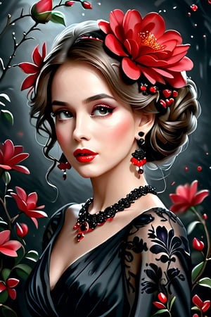 woman with a red flower in her hair on the side of her head and wearing a black elegant fine silk dress, beautiful gorgeous digital art, beautiful girl, painting beautiful, beautiful fantasy girl, beautiful fantasy portrait, beautiful digital art, beautiful fantasy portrait, red jewelry, black and red colors, beautiful princess of dark spring, she is the queen of red roses, Very beautiful portrait